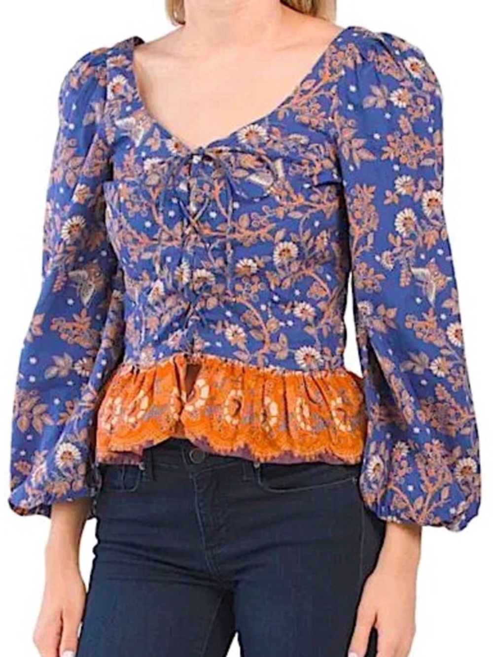 HOUSE OF HARLOW 1960 Nastassia Bohemian Peplum Blue and Orange Floral Top
